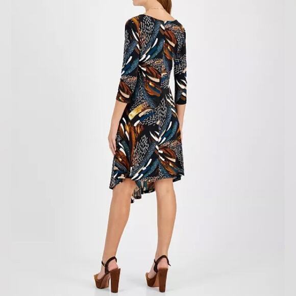 Robbie Bee Petite 3/4-Sleeve Asymmetrical-Hem Dress Teal Multi Women’s Sz PM - Picture 6 of 10